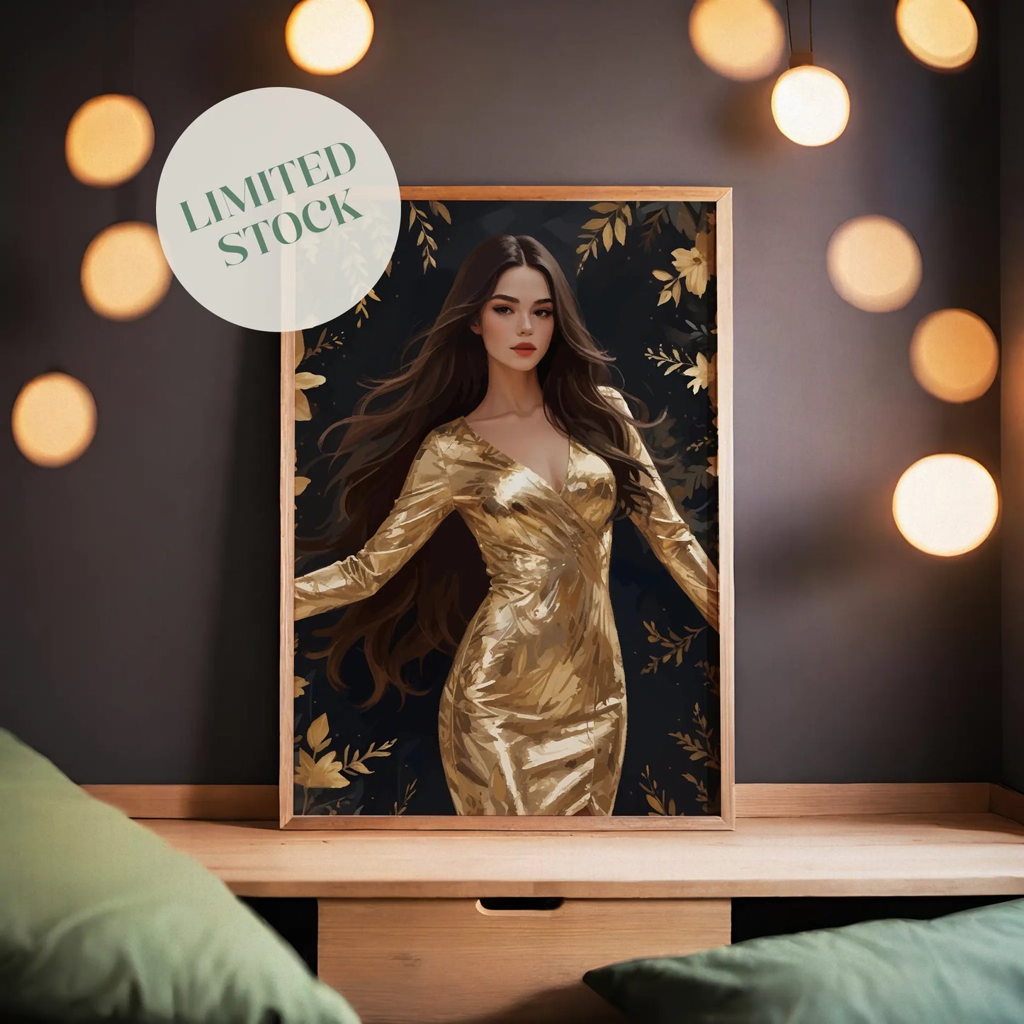 Elegant digital wall art of a woman in a shimmering gold dress surrounded by golden flowers and leaves on a dark background