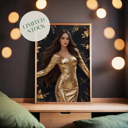 Elegant digital wall art of a woman in a shimmering gold dress surrounded by golden flowers and leaves on a dark background