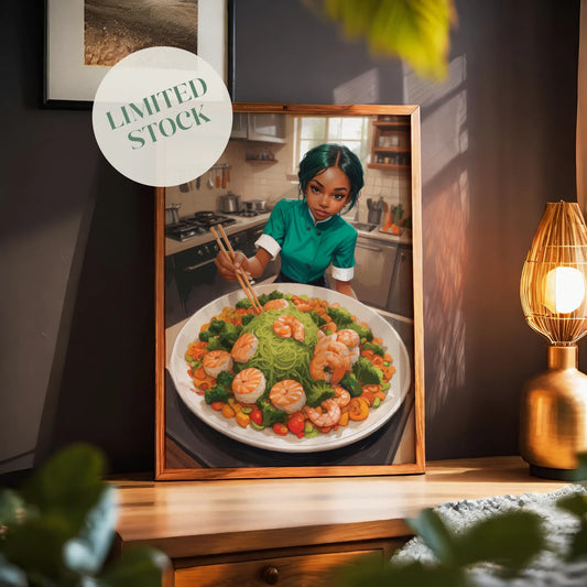 Illustrated scene of a young chef in a green uniform preparing a colourful dish in a bright kitchen. She uses chopsticks to arrange a large platter filled with green noodles, shrimp, broccoli, and vibrant vegetables, creating a fresh and artistic food presentation.