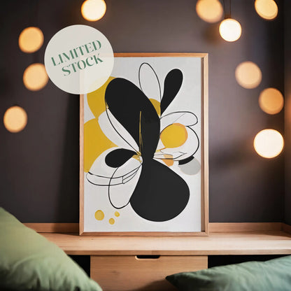 Bold abstract printable wall art featuring large black and yellow organic shapes with fine linework and soft neutral accents, creating a dynamic modern composition perfect for minimalist or contemporary decor