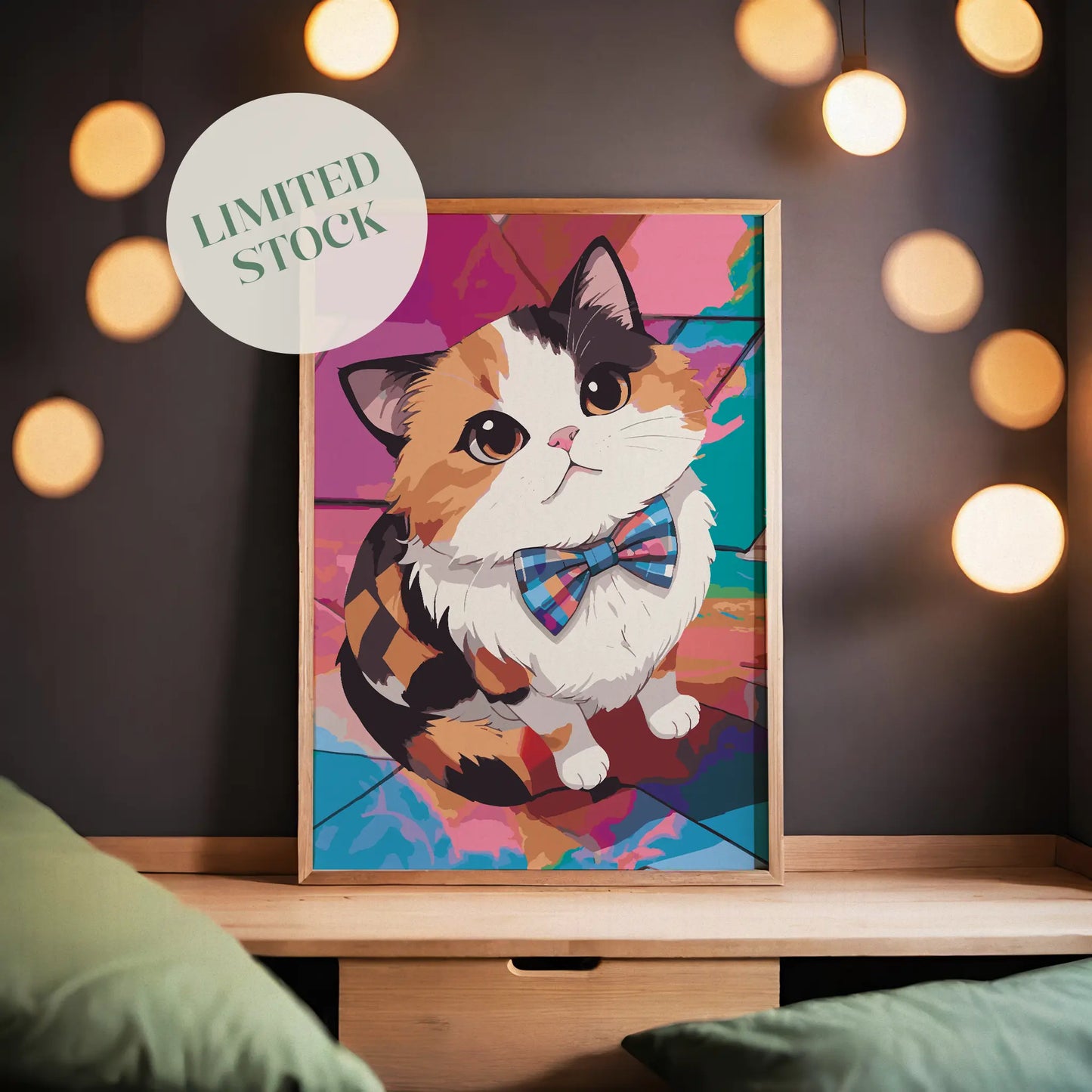 Printable wall art of a cute calico cat wearing a colorful plaid bow tie, sitting against a vibrant geometric background, perfect for cat lovers and playful, modern home decor