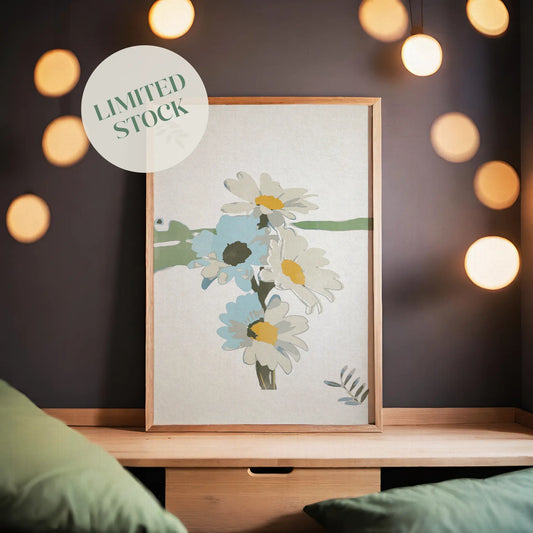 Minimalist printable wall art featuring hand-painted white daisies with yellow centers and soft blue accents, a calming botanical design perfect for bedroom, hallway, or cottagecore-inspired decor.