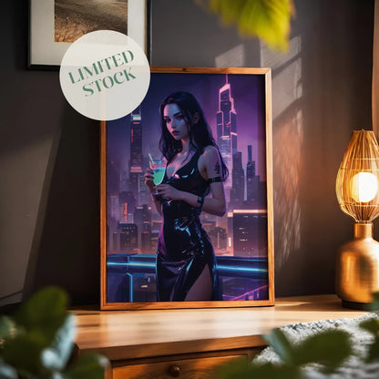 Cyberpunk-style digital art print of a futuristic woman in a black latex dress holding a neon drink, set against a glowing high-rise cityscape at night - perfect wall decor for gamers and sci-fi enthusiasts