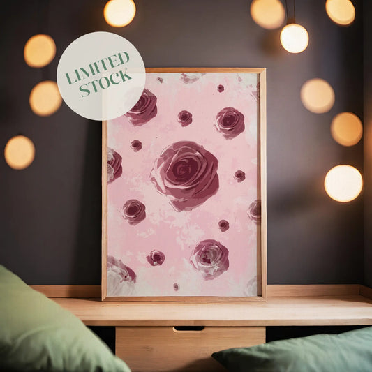 Romantic rose-themed printable wall art featuring a pattern of deep pink roses on a soft pastel background, perfect for feminine decor, bedroom walls, or Valentine’s Day gifts.
