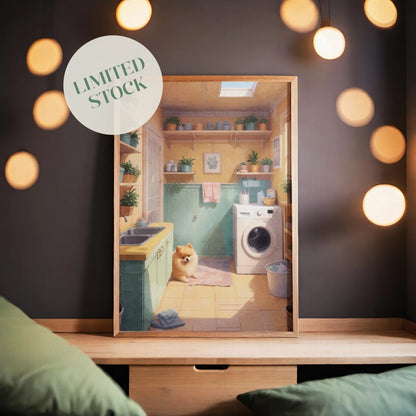 Cozy laundry room scene bathed in warm sunlight, featuring a fluffy Pomeranian sitting on a pink rug near a washing machine. The room has mint-green cabinets, yellow walls, potted plants on shelves, and a skylight that fills the space with a soft, inviting glow.