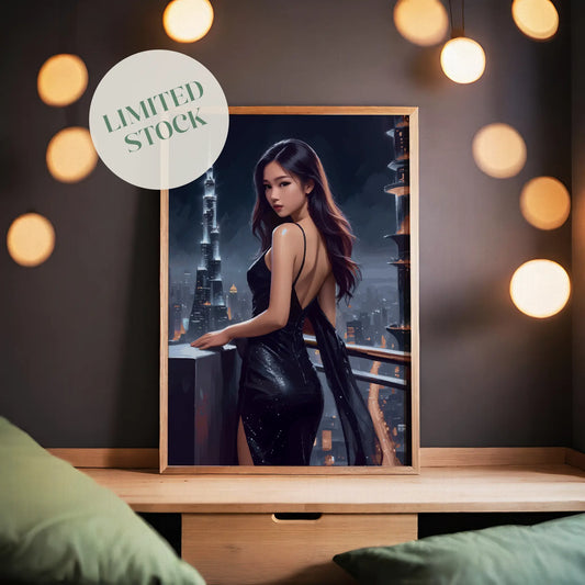 Elegant digital wall art of a woman in a sleek black evening gown standing on a balcony, gazing over a glowing futuristic city skyline at night with illuminated skyscrapers
