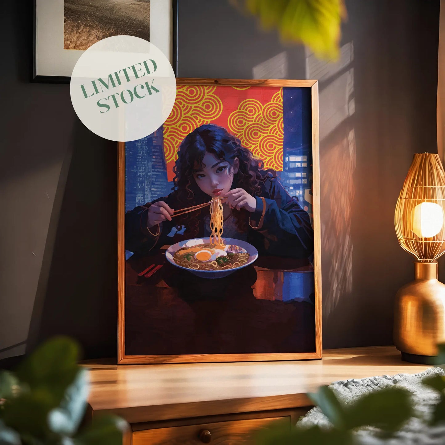 Digital wall art of a young woman eating ramen with chopsticks at a night city restaurant, featuring a glowing red and yellow patterned backdrop and neon-lit urban skyline