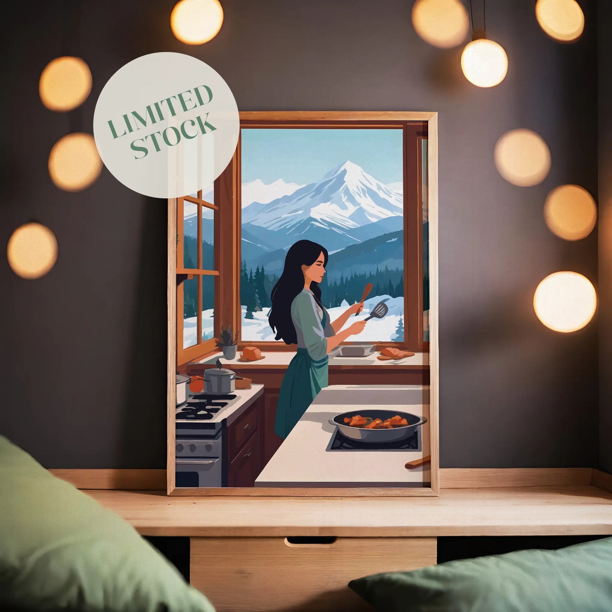 Cozy digital wall art of a woman cooking in a warm kitchen with large windows, overlooking snowy mountains and pine trees
