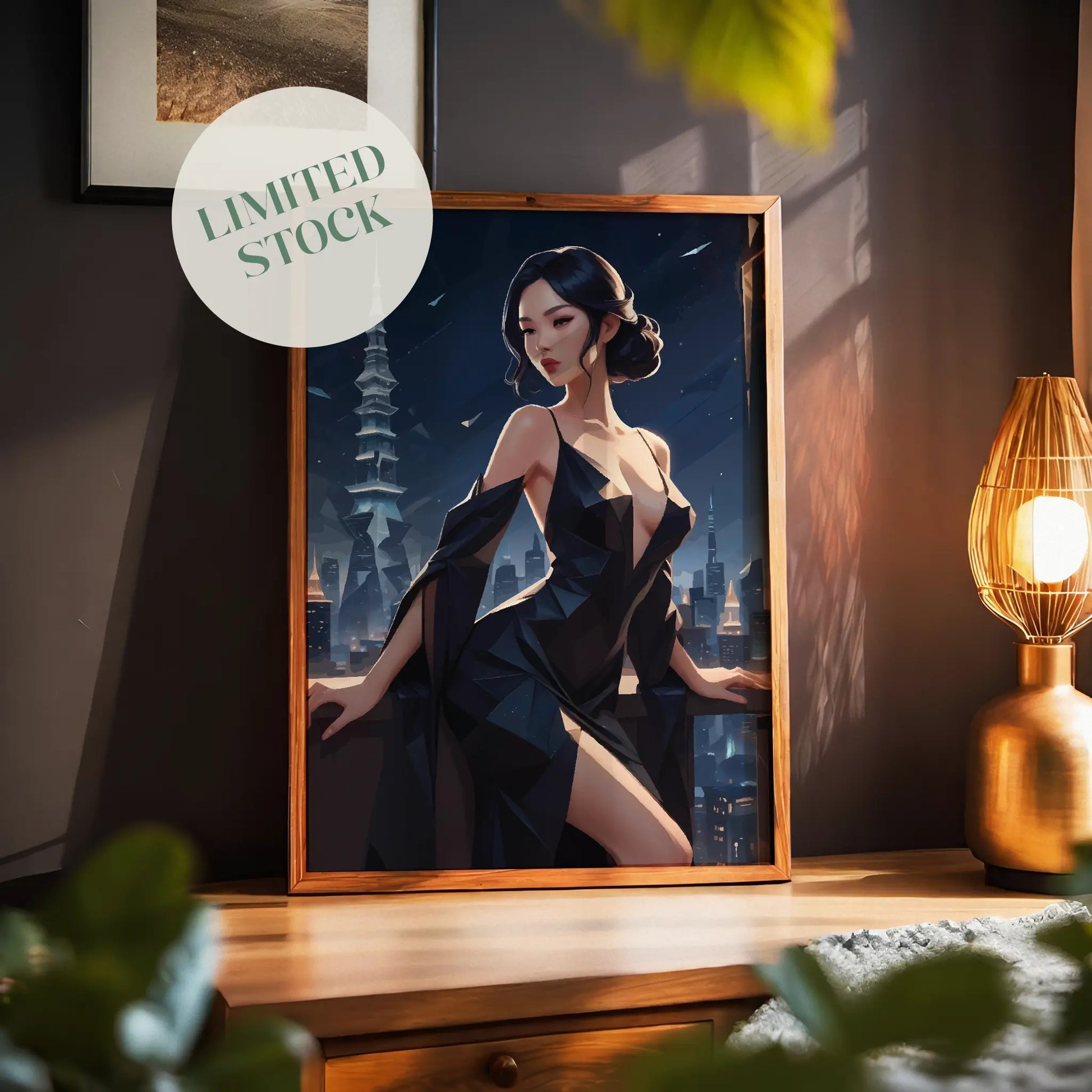 Elegant digital wall art of a woman in a sleek black dress posing on a balcony overlooking a futuristic city skyline at night