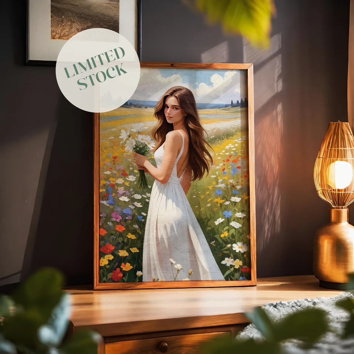 Romantic illustration of a young woman in a flowing white dress standing in a vibrant wildflower meadow. She holds a bouquet of white daisies as warm sunlight highlights her long, wavy hair. Colourful flowers surround her under a bright sky with soft clouds, creating a dreamy, serene summer atmosphere.