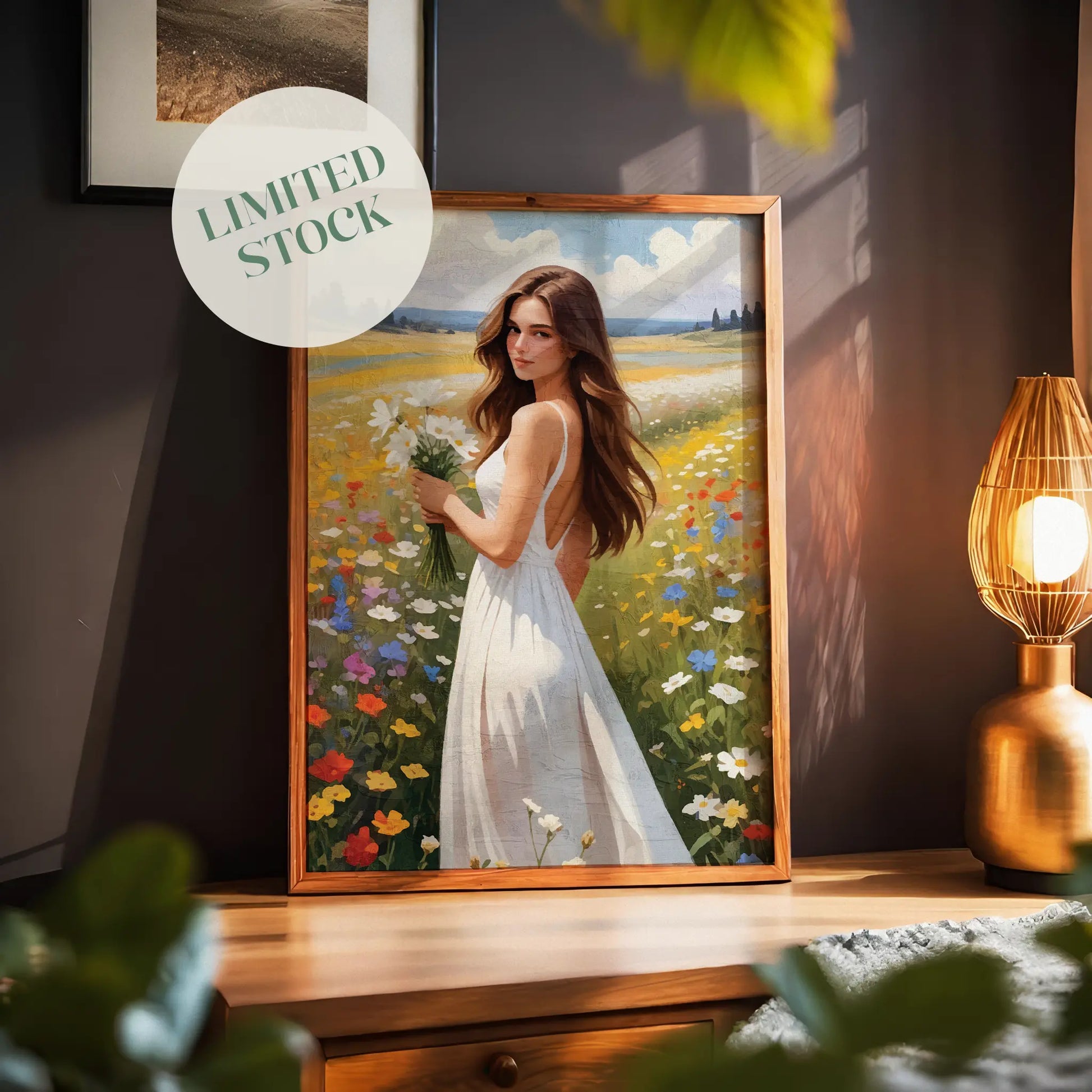 Romantic illustration of a young woman in a flowing white dress standing in a vibrant wildflower meadow. She holds a bouquet of white daisies as warm sunlight highlights her long, wavy hair. Colourful flowers surround her under a bright sky with soft clouds, creating a dreamy, serene summer atmosphere.