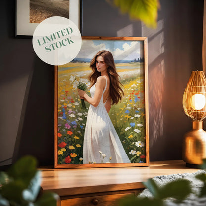 Romantic illustration of a young woman in a flowing white dress standing in a vibrant wildflower meadow. She holds a bouquet of white daisies as warm sunlight highlights her long, wavy hair. Colourful flowers surround her under a bright sky with soft clouds, creating a dreamy, serene summer atmosphere.