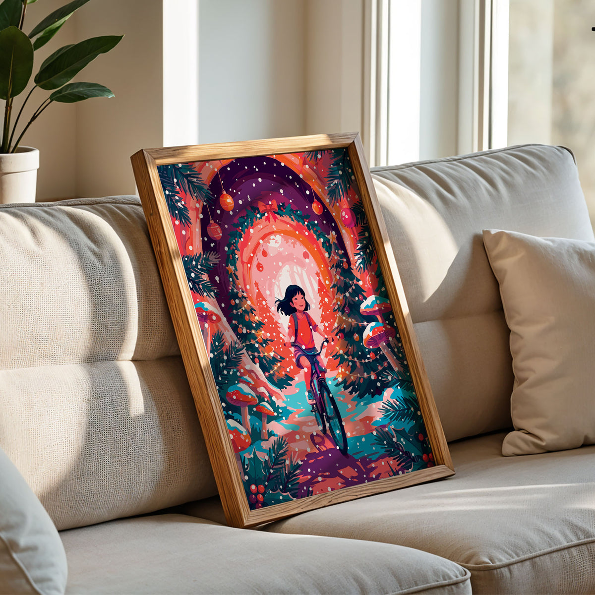 Bold illustrated Christmas wall art with a joyful girl on a teal bicycle riding through a magical snow-filled forest tunnel of decorated Christmas trees, hanging ornaments, fairy lights, red mushrooms, and a glowing wreath archway