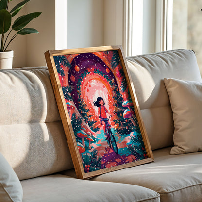 Bold illustrated Christmas wall art with a joyful girl on a teal bicycle riding through a magical snow-filled forest tunnel of decorated Christmas trees, hanging ornaments, fairy lights, red mushrooms, and a glowing wreath archway