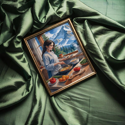 Charming digital painting of a woman cooking in a cozy kitchen with a stunning snowy mountain view - warm, rustic printable wall art ideal for kitchen or cabin decor
