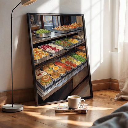 Artistic bakery food display with sandwiches and desserts, cozy café aesthetic printable wall decor