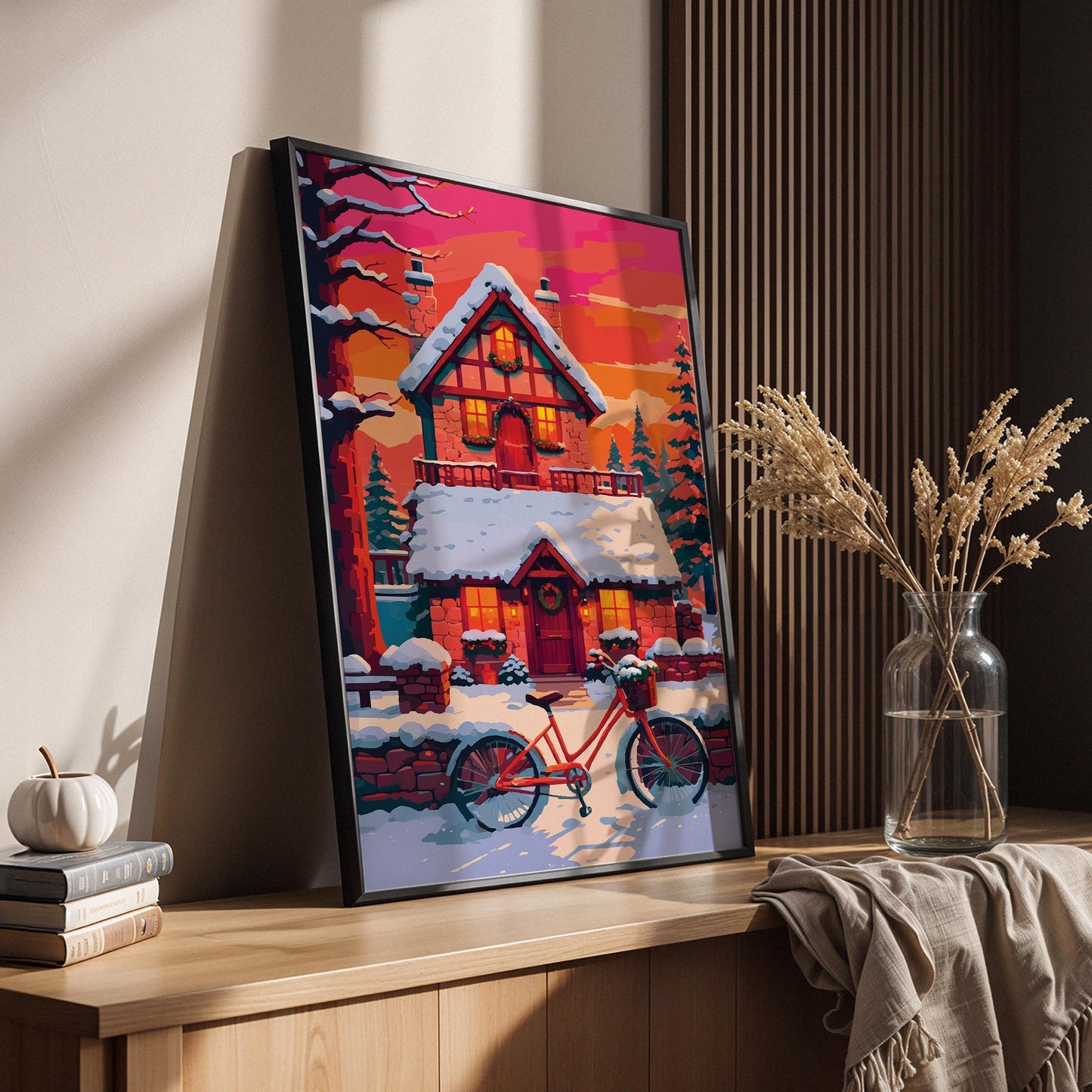 Close-up of a vibrant holiday home illustration — a charming snow-covered stone cottage with glowing amber windows, Christmas wreaths, teal pine trees framing each side, and a classic red bicycle parked at the garden wall under a saturated orange winter sky