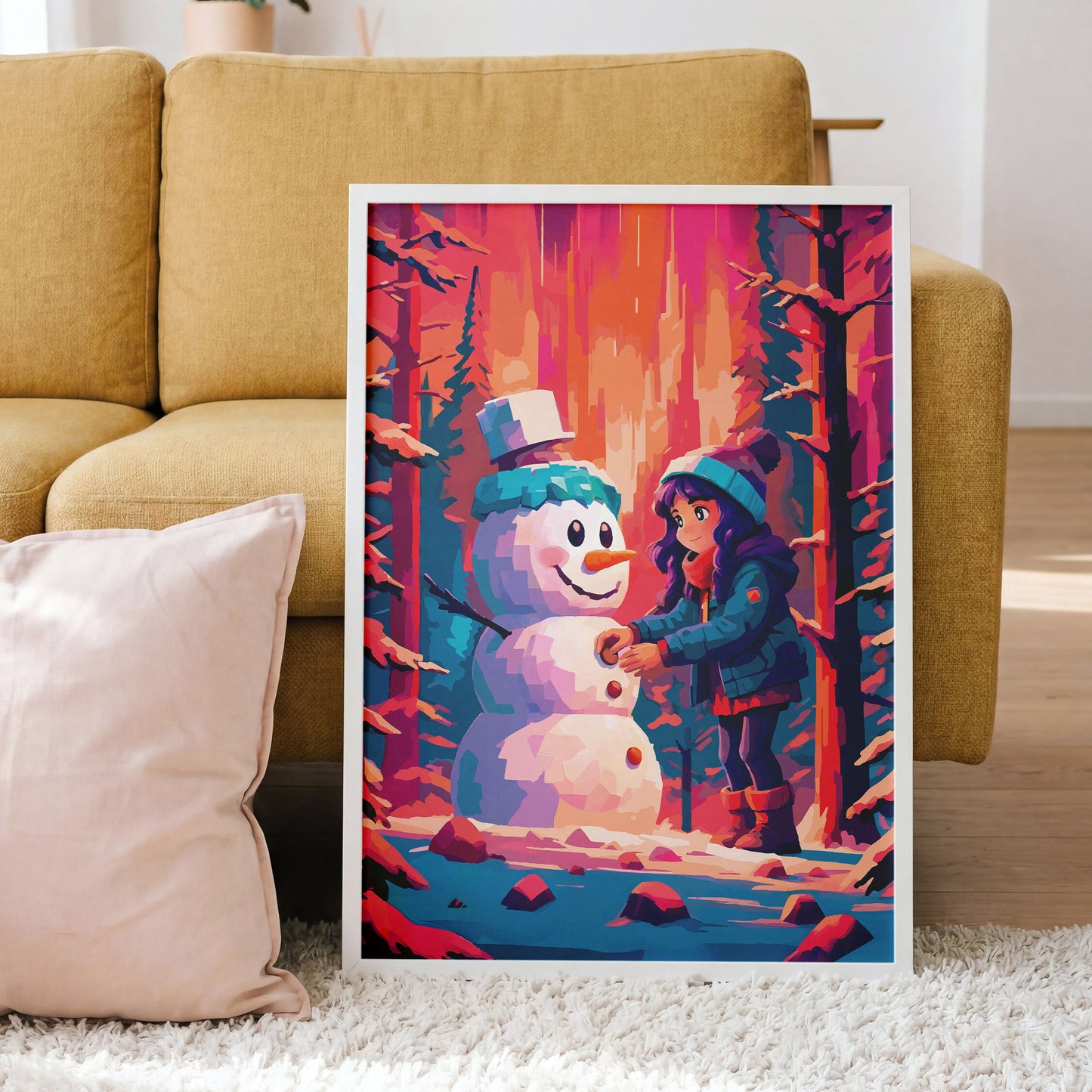 Bold illustrated winter wall art with a young girl in a teal puffer jacket and beanie decorating a teal snowman in a snowy forest, surrounded by orange and magenta snow-dusted pine trees