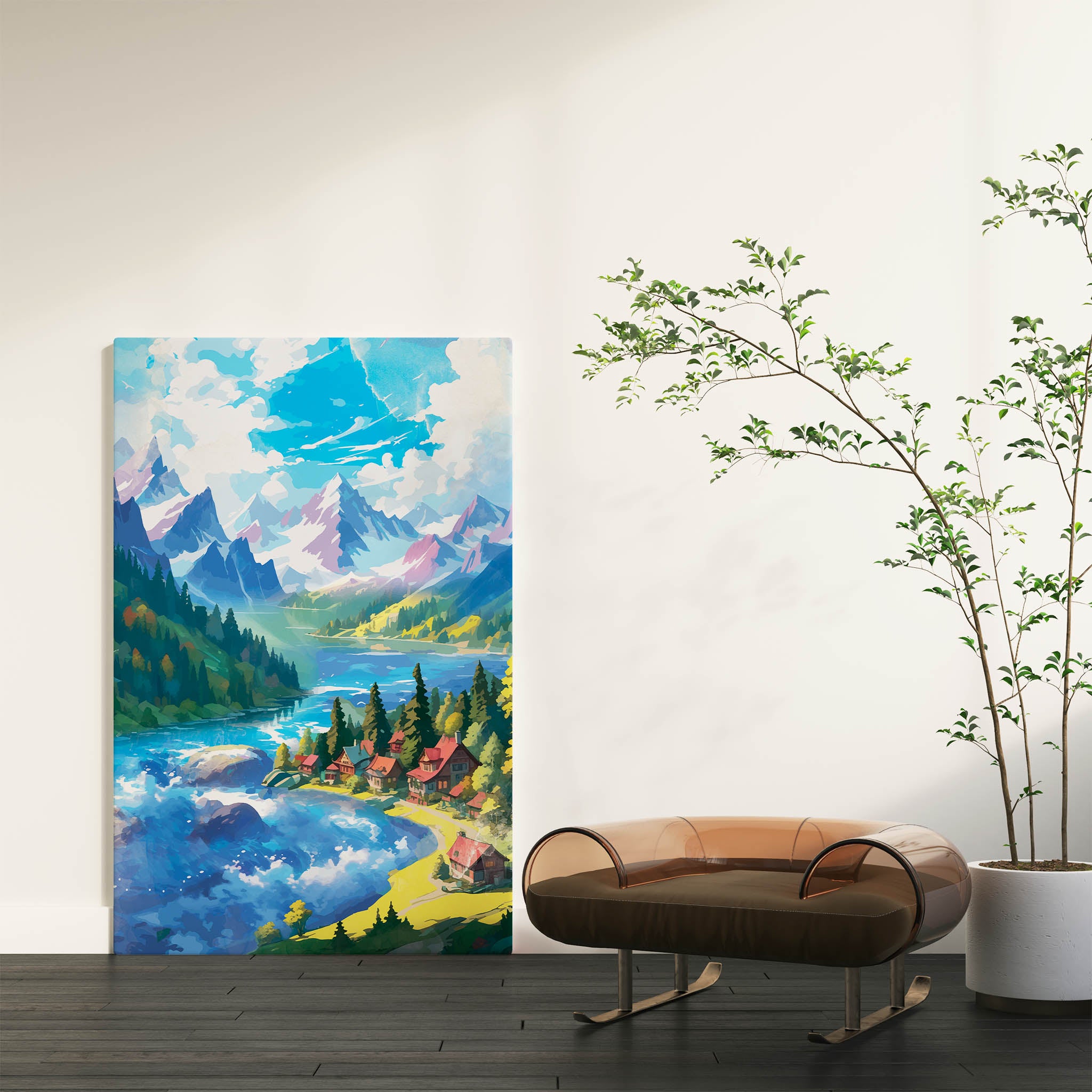 Majestic mountain lake printable wall art featuring a row of cozy red-roofed cabins nestled among pine trees beside a vibrant blue river, with dramatic snow-capped peaks and a bright sky overhead - perfect for alpine, nature retreat, or outdoor adventure-themed decor