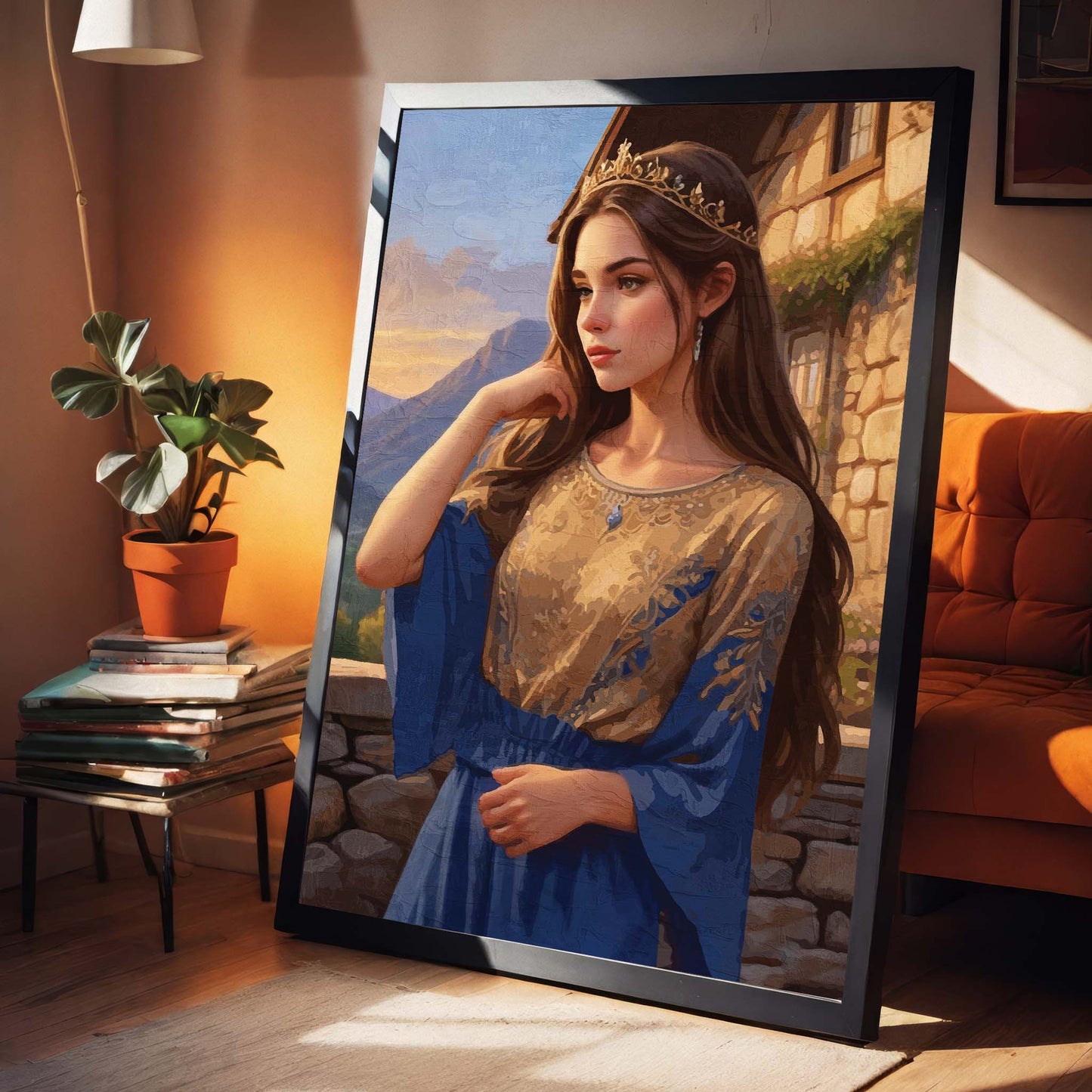 Romantic fantasy portrait illustration of a graceful woman wearing a golden crown and flowing blue and gold gown, standing on a stone balcony at sunset with mountains in the distance. Elegant medieval-inspired wall art with soft light, painterly texture, and a timeless fairytale atmosphere. Printable Wall Art. Digital Download.