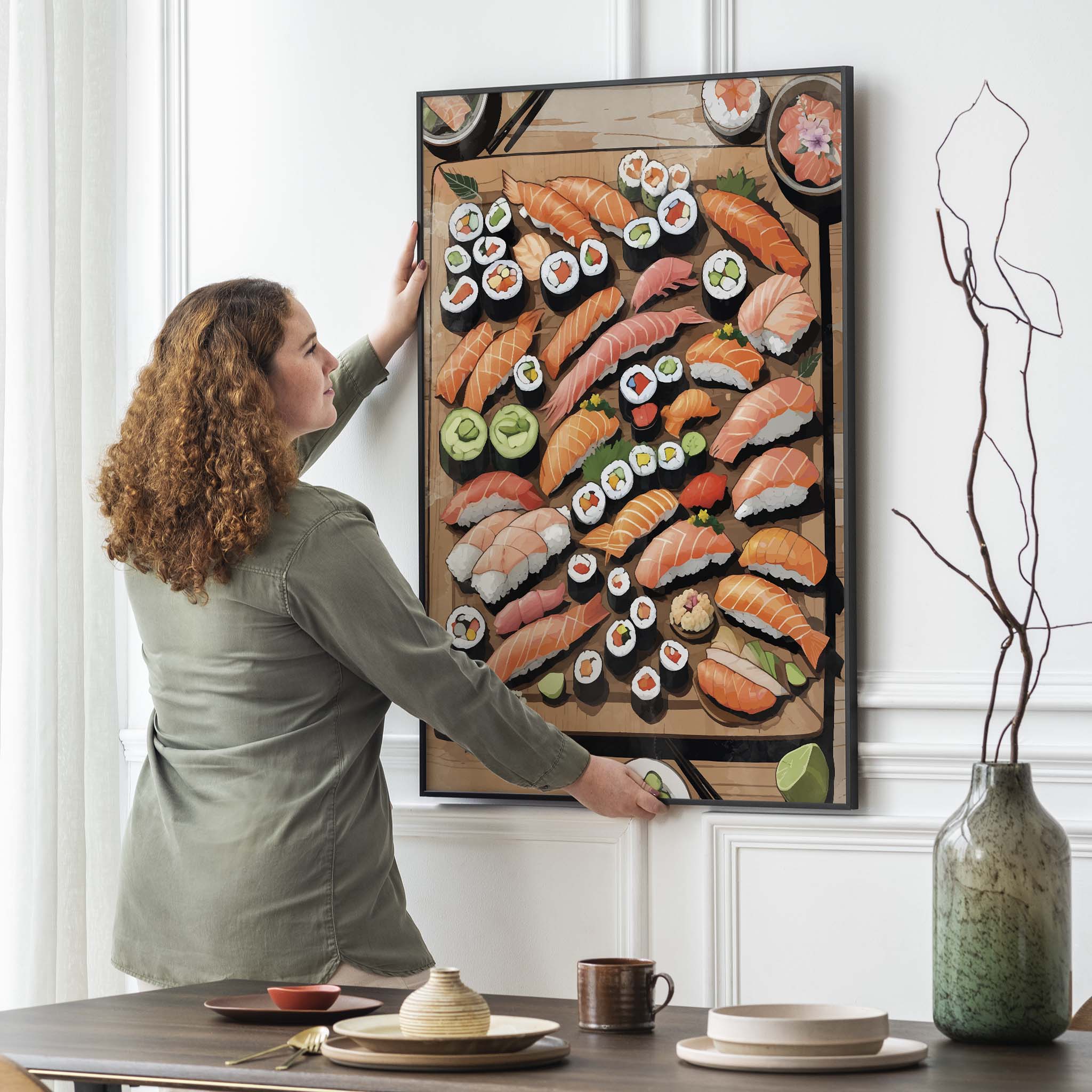 Printable wall art of an assorted sushi platter with colorful nigiri, maki rolls, sashimi, wasabi, and pickled ginger on a wooden board, perfect for kitchen, dining area, or Japanese food-themed decor