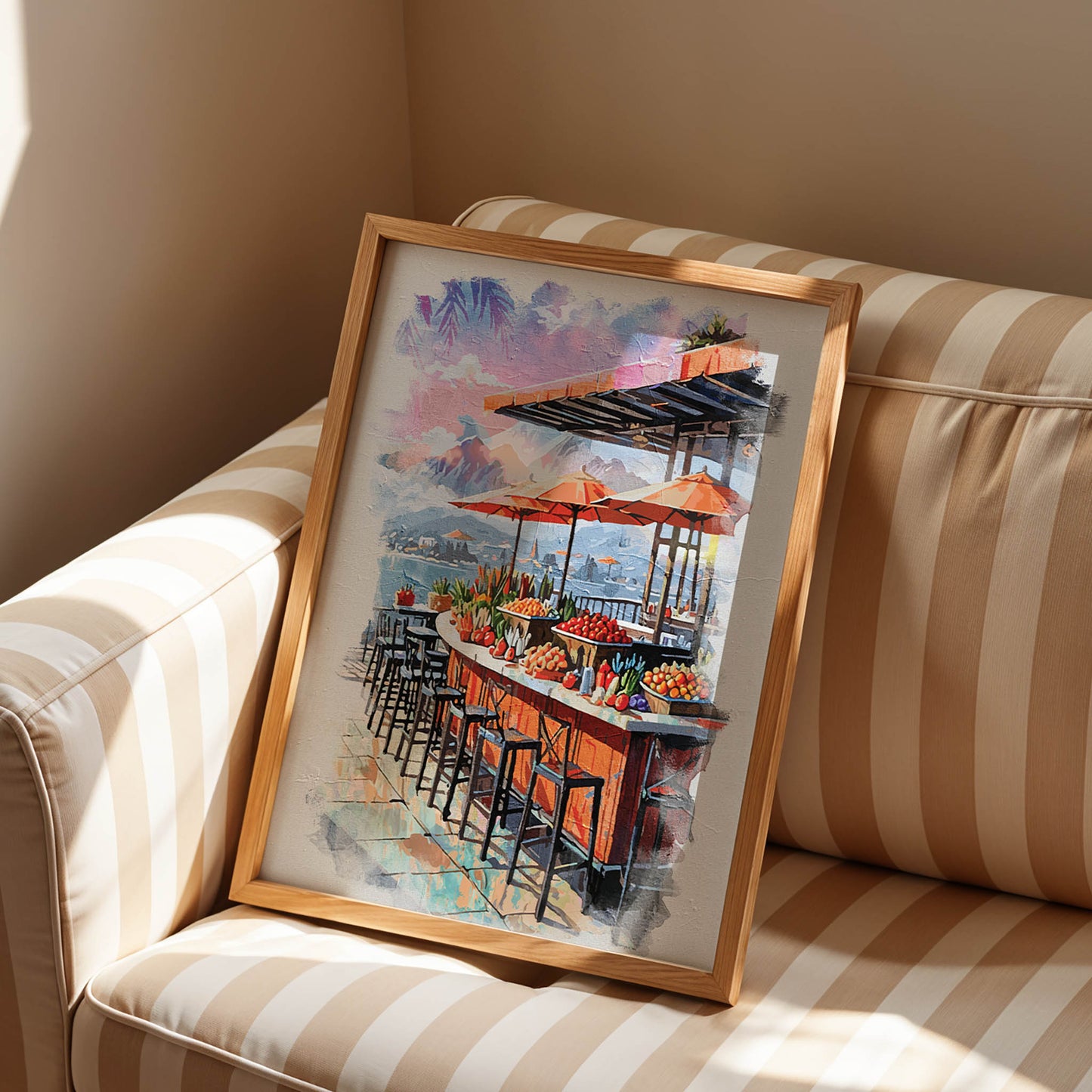 Colourful seaside market artwork featuring a fruit bar with stools, parasols and a scenic ocean view