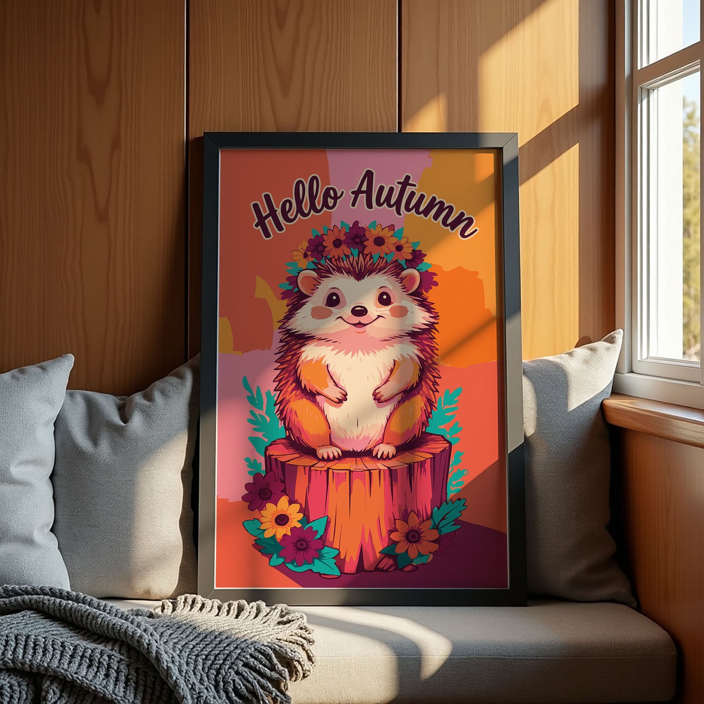 Close-up of a maximalist autumn character print - a fluffy hedgehog with blushed cheeks and a colourful floral crown, seated among teal wildflowers and sunflowers beneath bold arched "Hello Autumn" script lettering