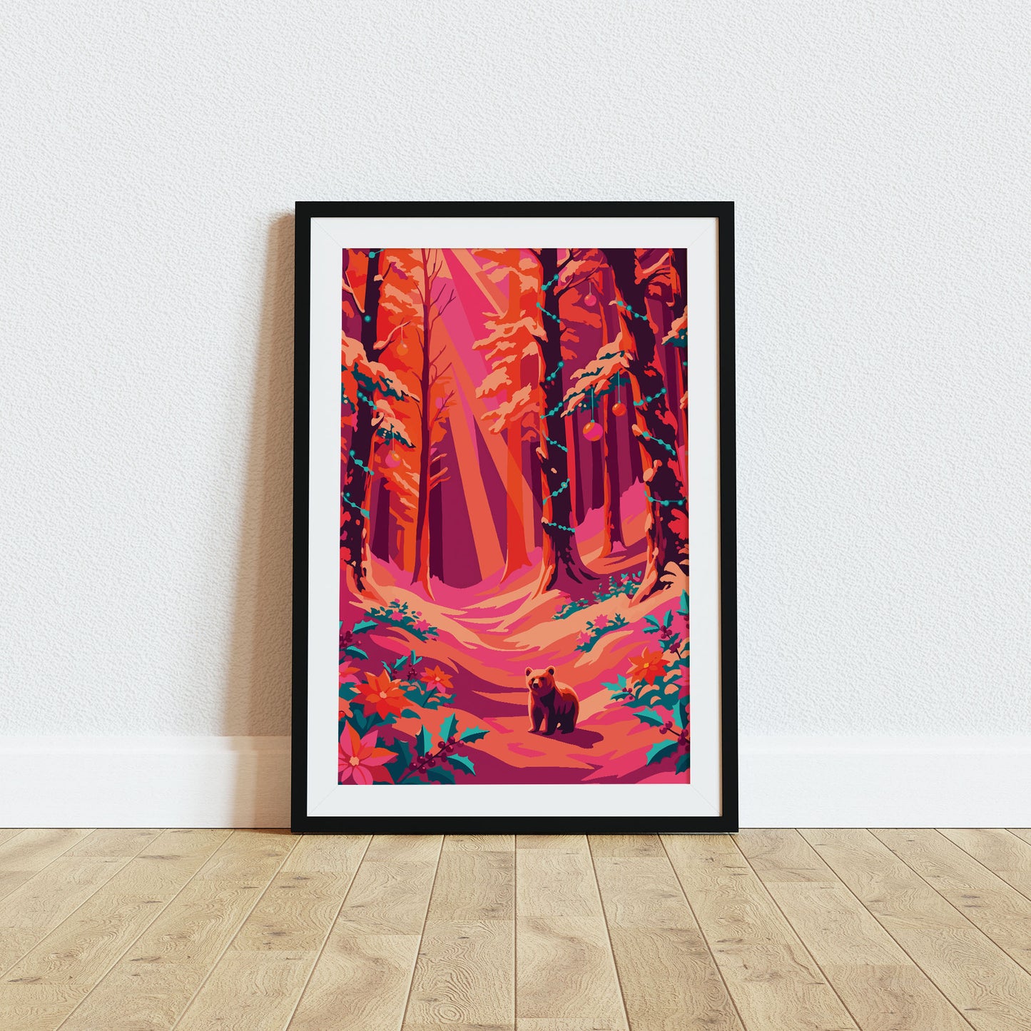 Bold illustrated Christmas woodland wall art with a small bear cub standing on a snowy forest path lined with teal holly, poinsettias, and teal fairy light garlands strung between towering orange and magenta trees