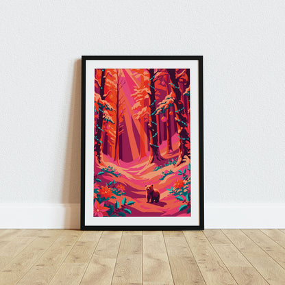 Bold illustrated Christmas woodland wall art with a small bear cub standing on a snowy forest path lined with teal holly, poinsettias, and teal fairy light garlands strung between towering orange and magenta trees