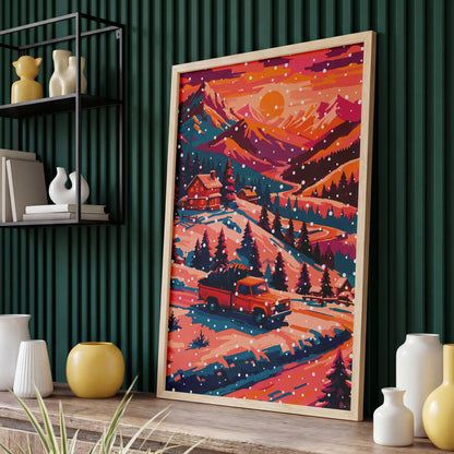 Bold illustrated Christmas landscape wall art with a red pickup truck carrying a Christmas tree through a snowy mountain valley, passing a glowing cabin and teal pine forest under an orange and magenta winter sky