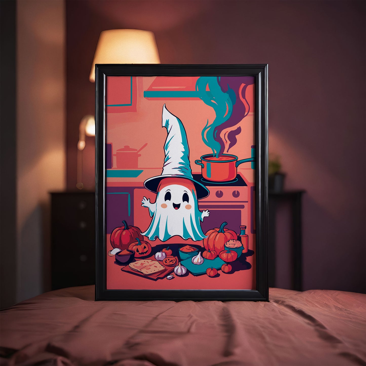 Bold illustrated Halloween kitchen wall art with a joyful ghost wearing an oversized white witch hat, surrounded by pumpkins, garlic, flatbread, and a teal chopping board in a warm coral kitchen with a bubbling red pot and teal steam