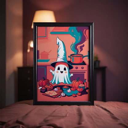 Bold illustrated Halloween kitchen wall art with a joyful ghost wearing an oversized white witch hat, surrounded by pumpkins, garlic, flatbread, and a teal chopping board in a warm coral kitchen with a bubbling red pot and teal steam