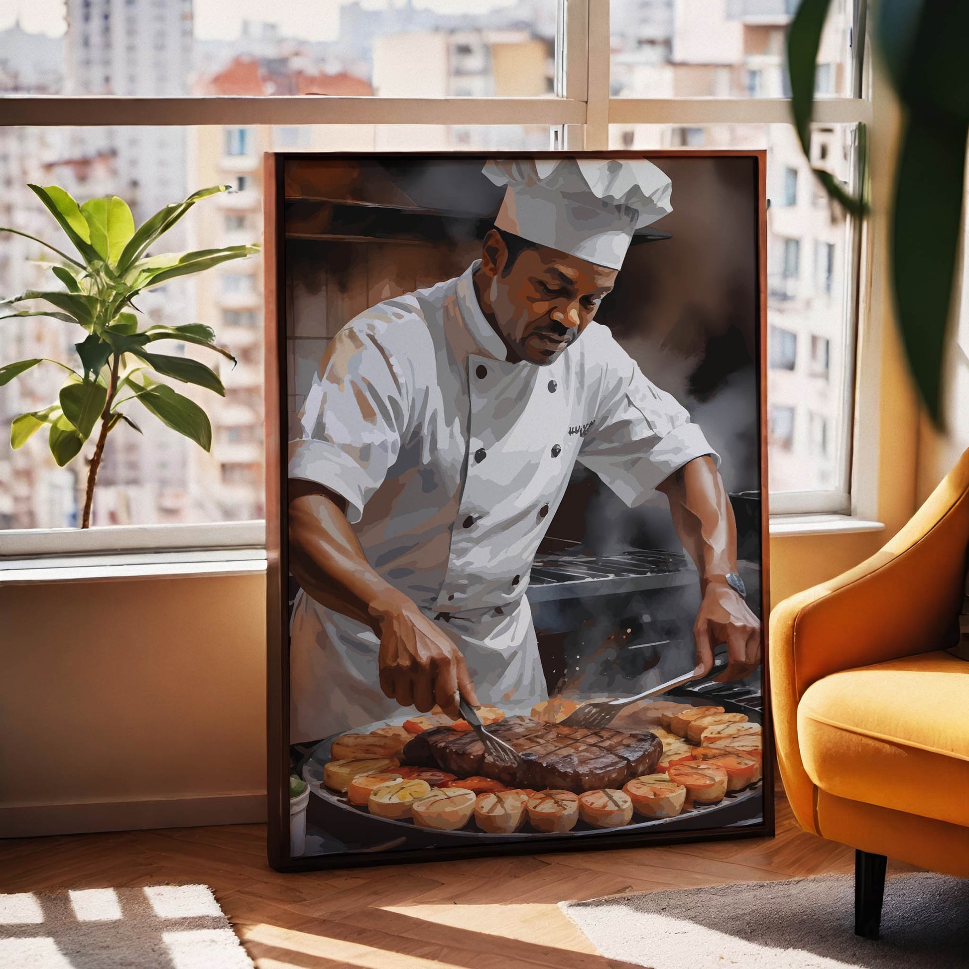 Digital wall art of a chef in uniform grilling steak and vegetables, surrounded by steam and rich kitchen ambiance.