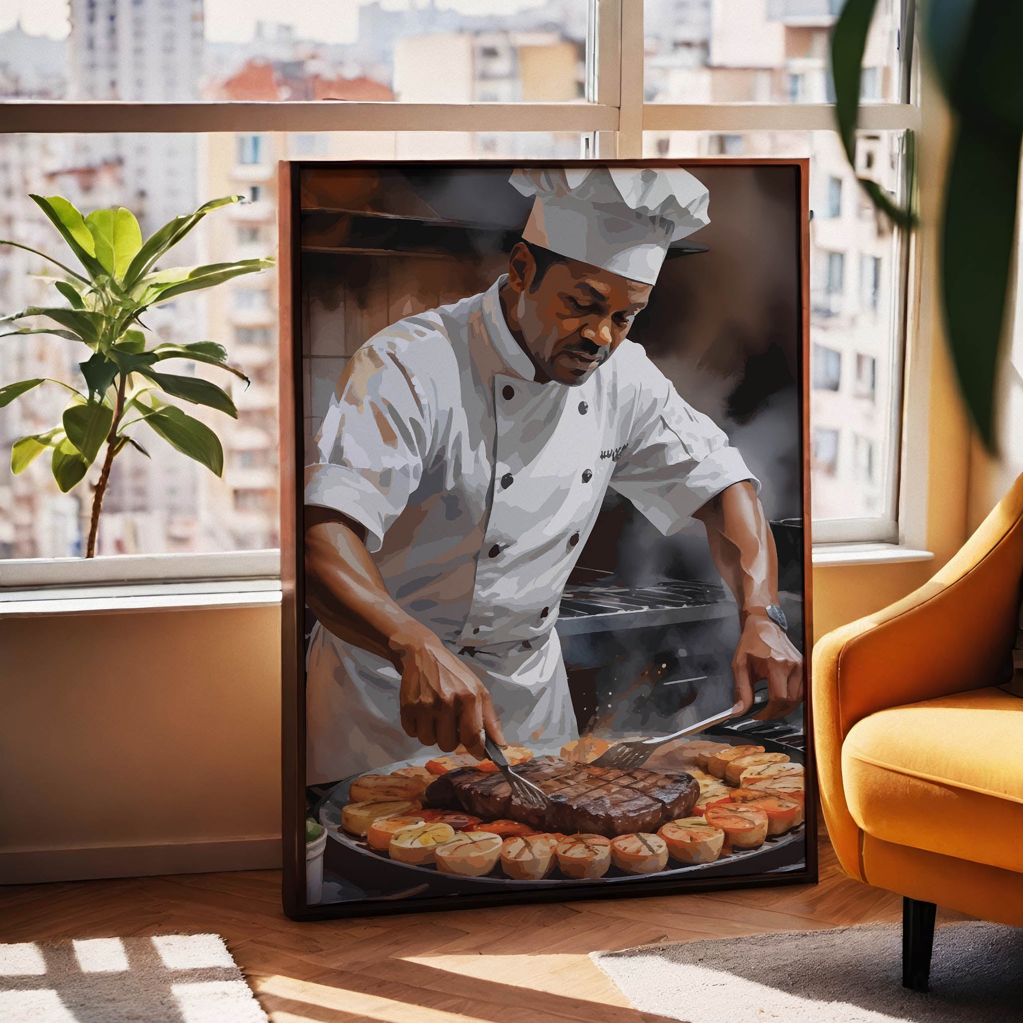 Digital wall art of a chef in uniform grilling steak and vegetables, surrounded by steam and rich kitchen ambiance.