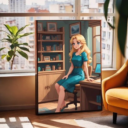 Warm and inviting illustration of a blonde woman in a teal dress sitting by a wooden desk in a cosy home office. Sunlight filters through the window, highlighting bookshelves filled with books, framed art, and plants, creating a calm and creative workspace atmosphere.