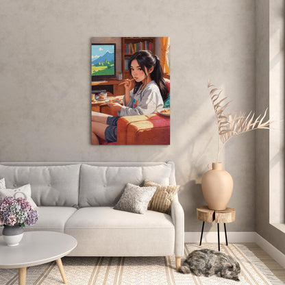Relaxing home scene with anime girl eating and watching TV, cozy bedroom wall art printable