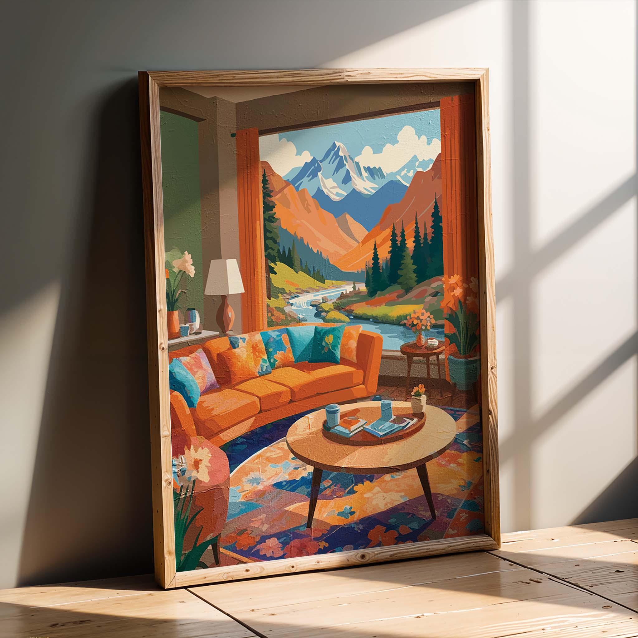 Mountain view home artwork showing a vibrant sitting room with nature-inspired décor and expansive landscape window
