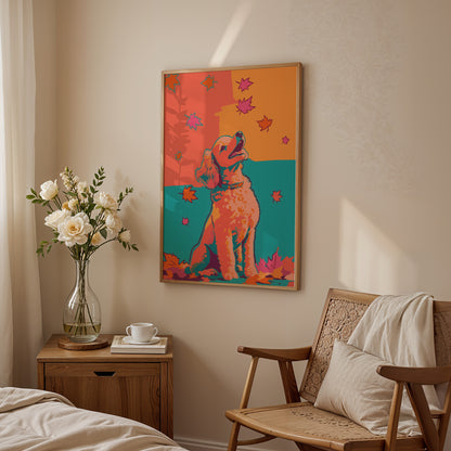 Close-up of a vibrant fall dog print with bold colour blocking - a peach and orange illustrated curly-coated dog wearing a teal collar, with hot pink and burgundy maple leaves drifting across a warm coral sky