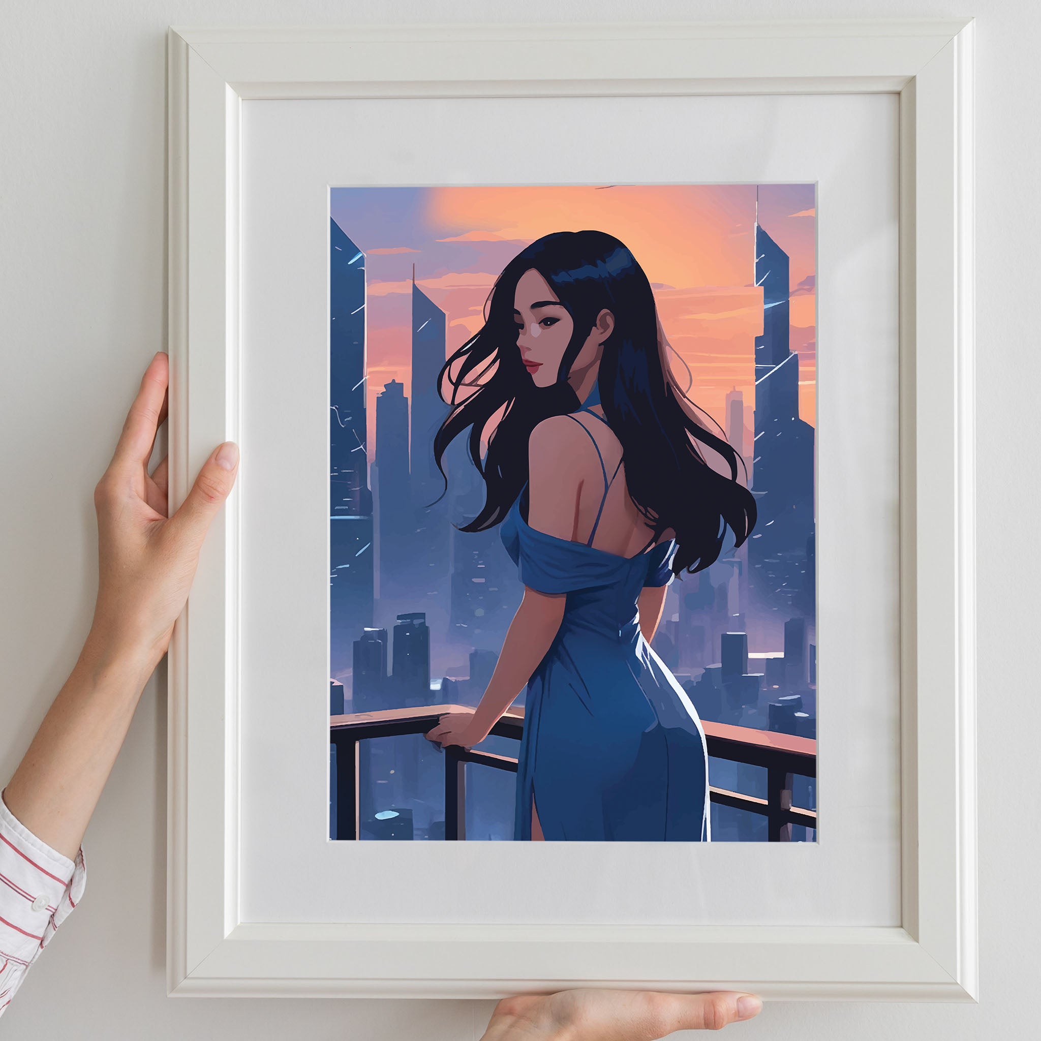 Chic digital artwork of a woman in a flowing blue dress standing on a balcony, overlooking a modern city skyline at sunset, stylish and moody printable wall art