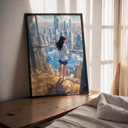 Dreamy city view artwork showing a woman standing by floor-to-ceiling windows above a modern skyline