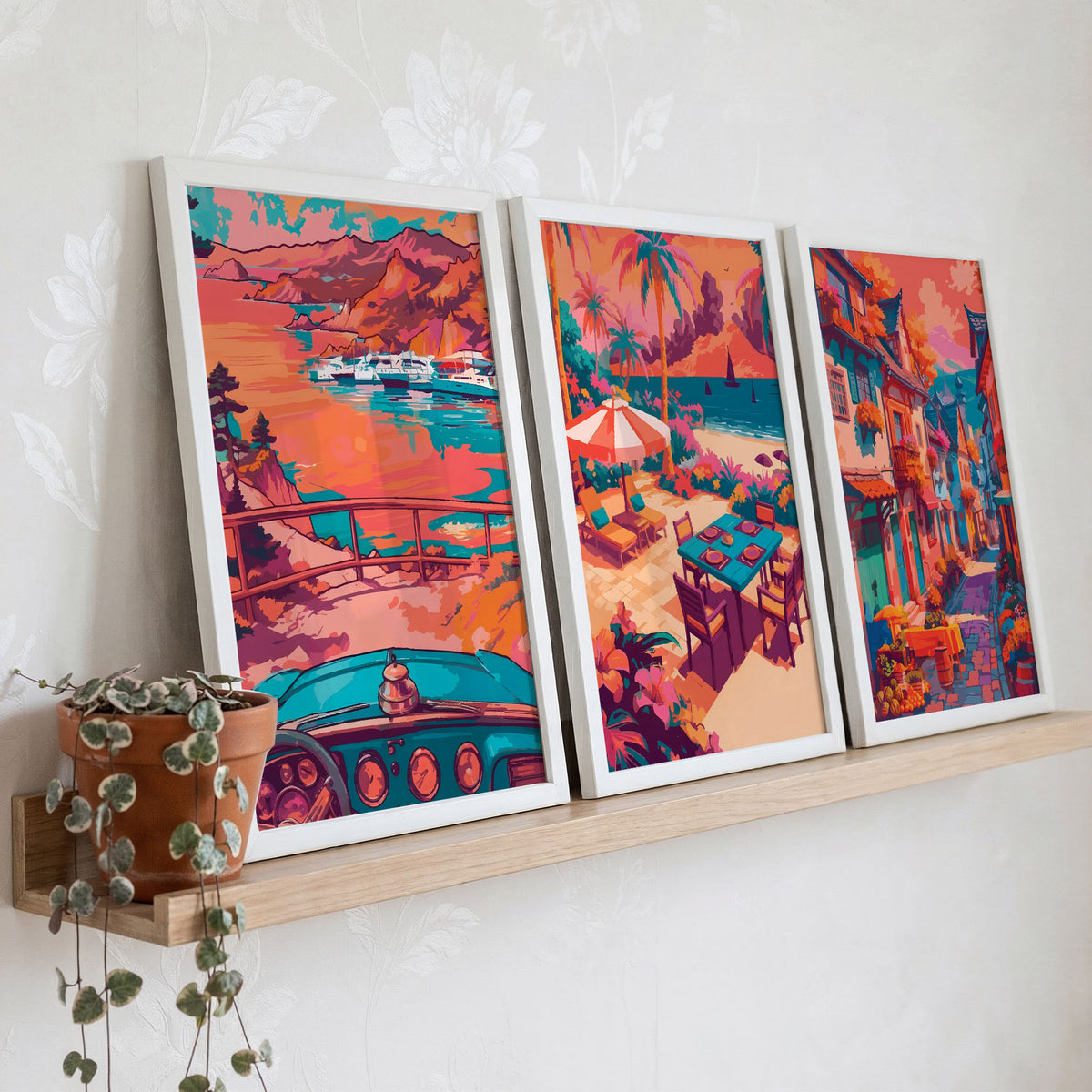 Three-piece wall art set showing a coastal mountain harbor, a tropical beach terrace, and a colorful European village street in coral and teal tones.