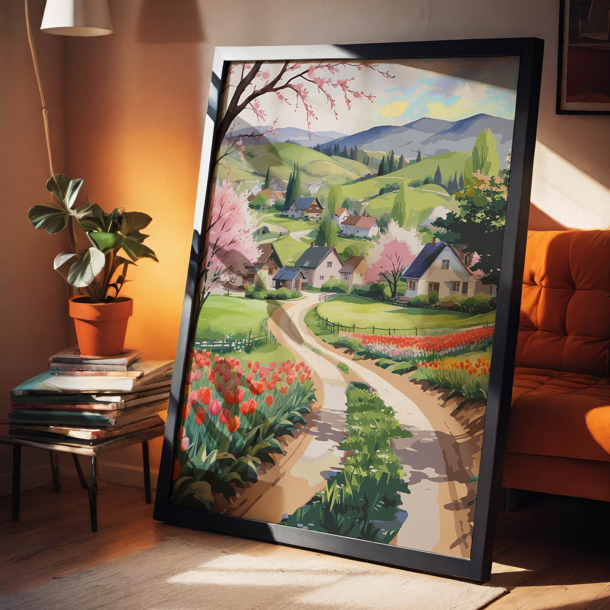 Charming countryside printable wall art showcasing a winding dirt road through vibrant tulip fields, blossoming trees, and cozy houses nestled in green rolling hills with distant mountains, perfect for spring, farmhouse, or cottagecore-inspired decor