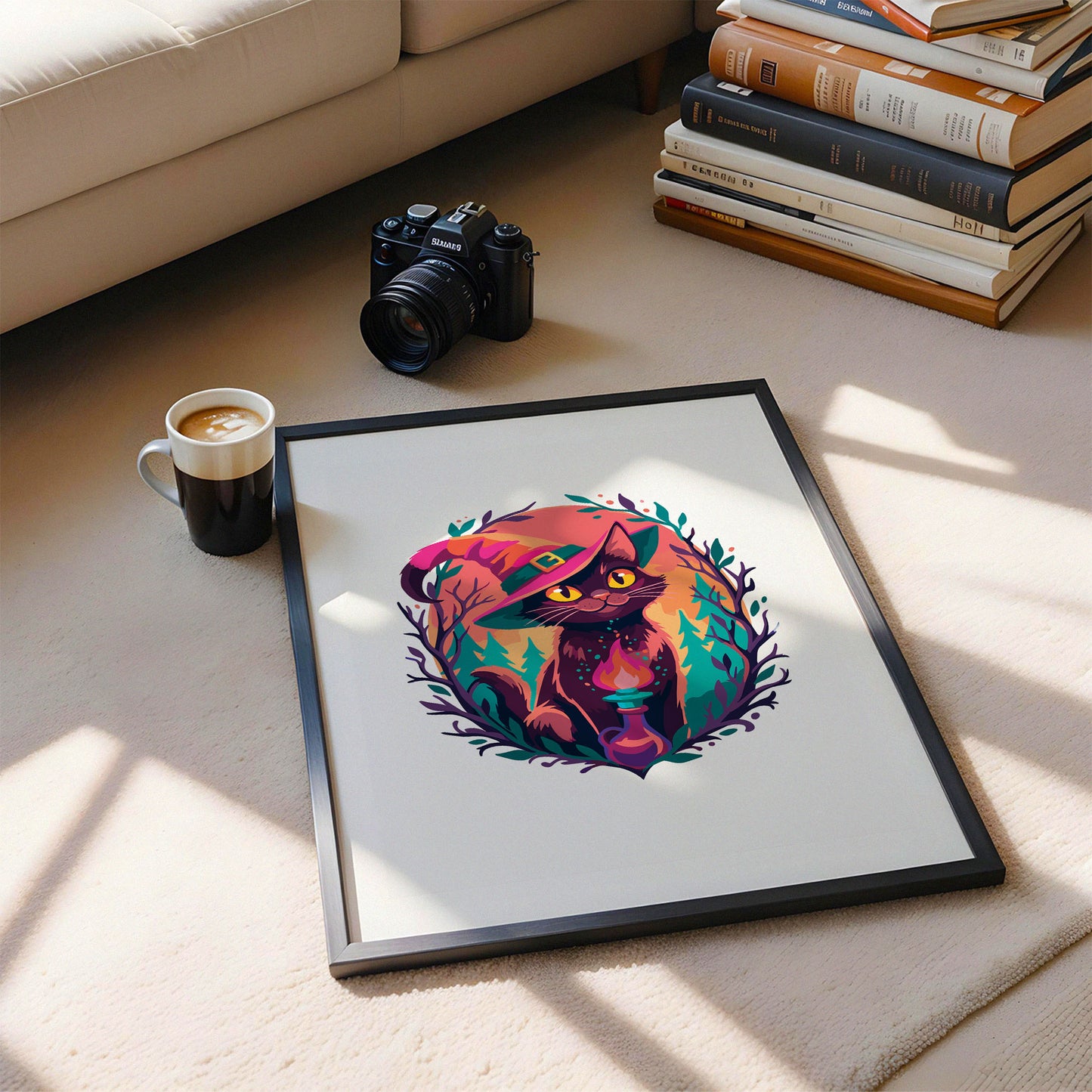 Dopamine-style witch cat print - a characterful dark brown cat with golden eyes in an oversized pink witch hat, surrounded by a teal woodland oval frame with purple twigs, a magic candle, and an orange moon backdrop