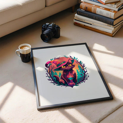 Dopamine-style witch cat print - a characterful dark brown cat with golden eyes in an oversized pink witch hat, surrounded by a teal woodland oval frame with purple twigs, a magic candle, and an orange moon backdrop