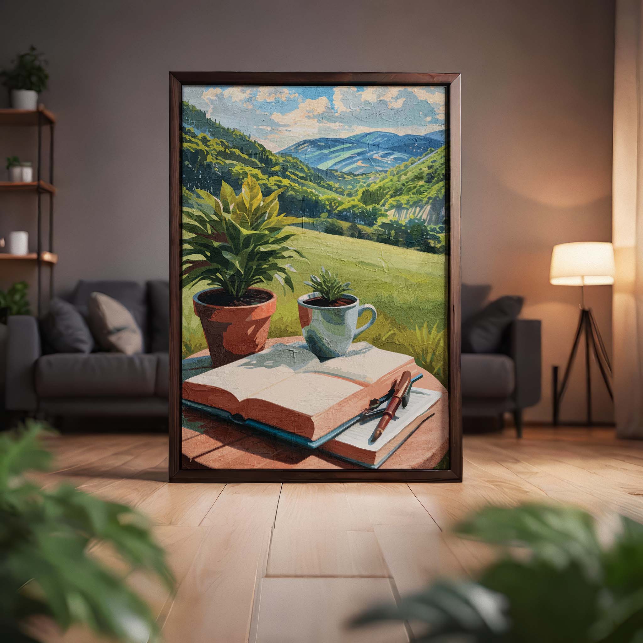 Peaceful printable wall art depicting an open book, pen, coffee cup, and potted plants on a table overlooking lush green hills and distant mountains under a sunny sky - perfect for writers, book lovers, or cozy nature-inspired decor