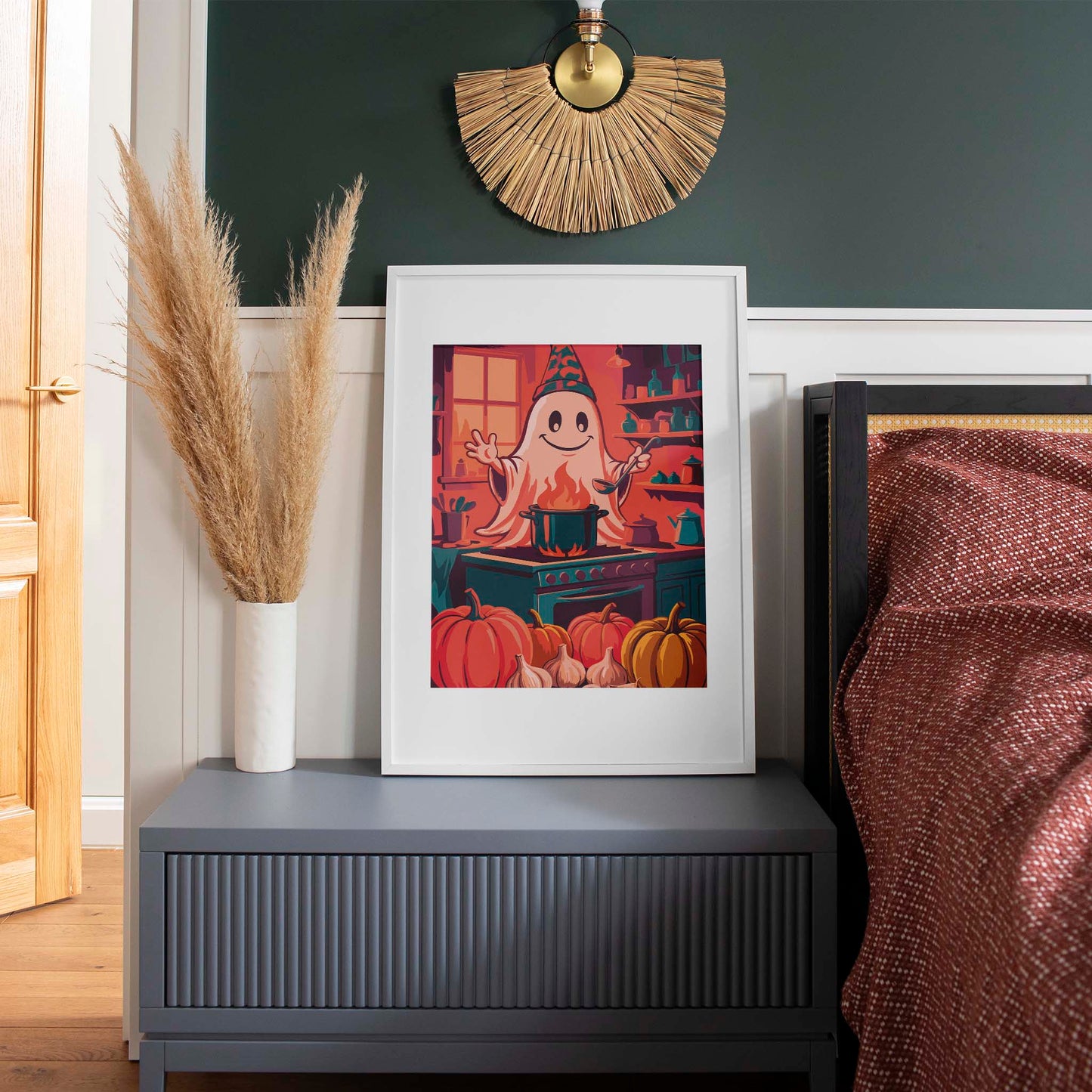 Dopamine-style ghost cooking print - a smiling illustrated ghost in a teal patterned witch hat holds a ladle over a flaming teal stockpot, in a richly coloured Halloween kitchen scene with pumpkins, garlic, and teal potion bottles on shelves