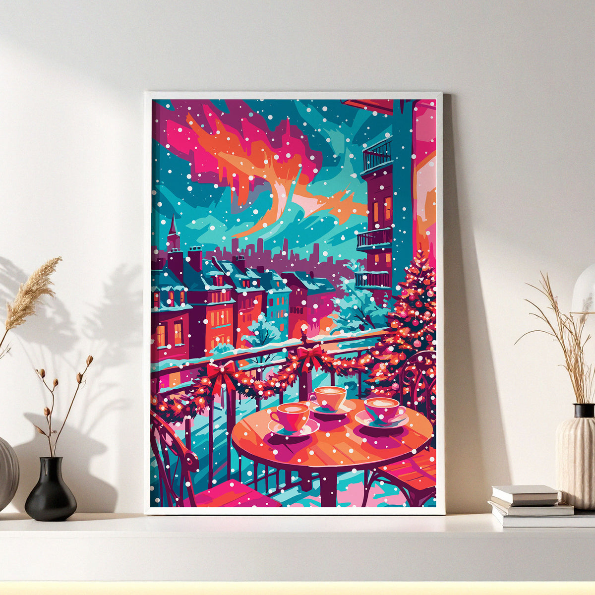 Illustrated print of a snowy city balcony with three coffee cups on a round table, red ribbon garland, and a decorated Christmas tree, city rooftops in the background.