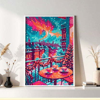 Illustrated print of a snowy city balcony with three coffee cups on a round table, red ribbon garland, and a decorated Christmas tree, city rooftops in the background.