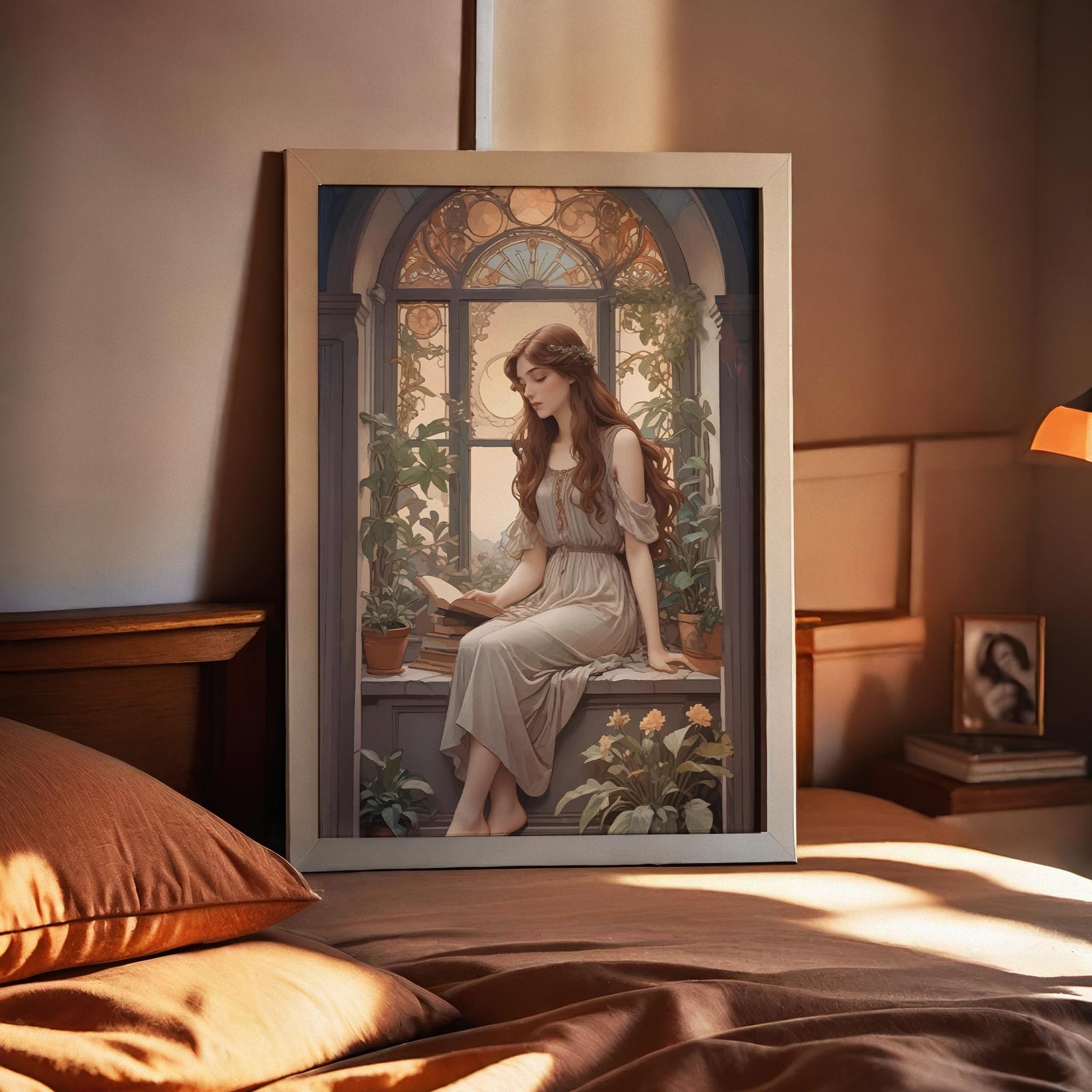 Romantic digital wall art of a young woman in a flowing dress reading a book by a vintage arched window, surrounded by lush potted plants and soft golden light