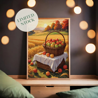 Digital wall art of a basket filled with apples in a golden wheat field at sunset, surrounded by scattered apples and autumn trees in the background